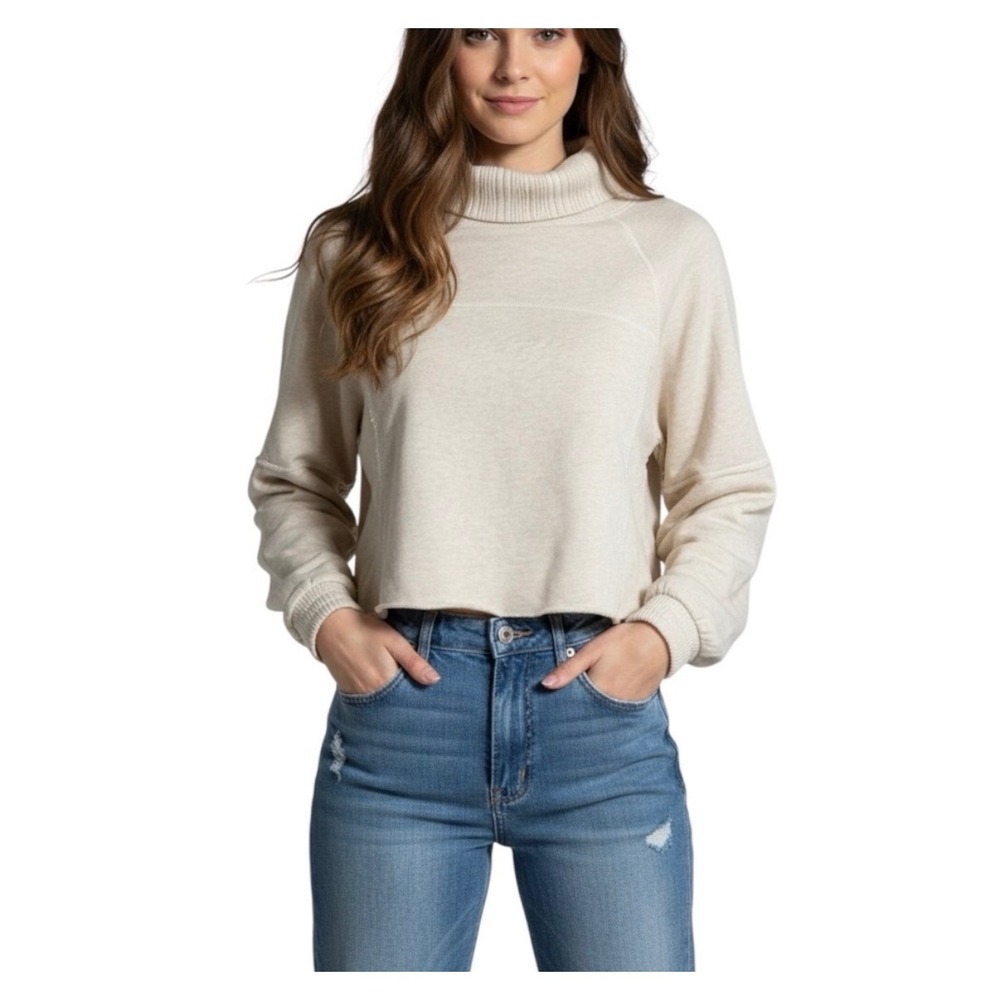 Aerie Cropped Turtleneck Sweatshirt Oatmeal Cream Raw Hem Oversized Large